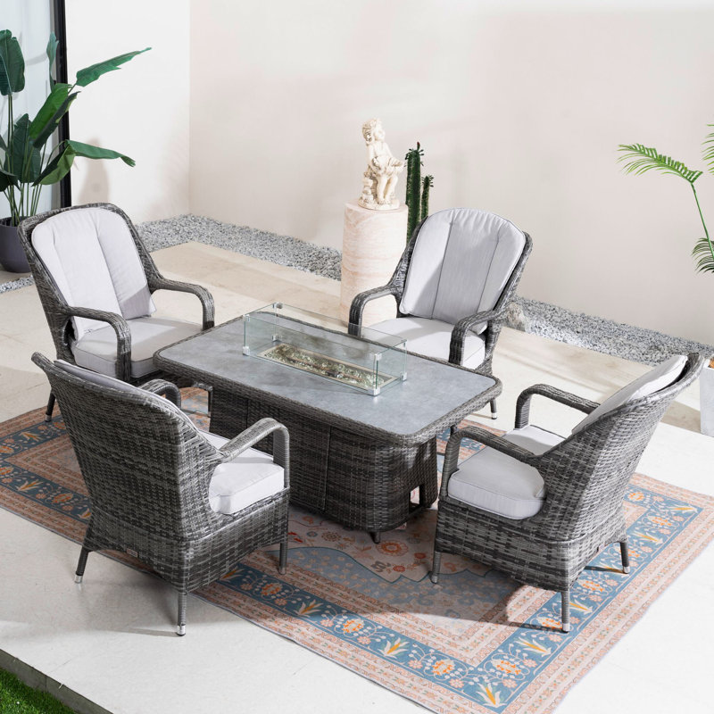 4-Person Wicker Patio Dining Set With Rectangular Table, Cushions Included, Gray Cushion/Gray Frame