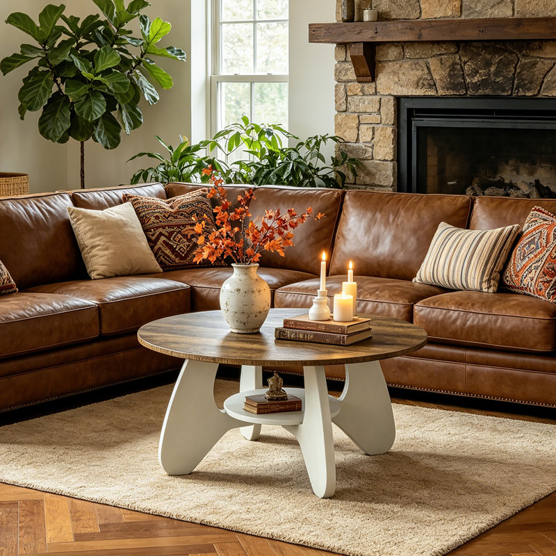 31.5" Circle Coffee Table for Living Room, 2-Tier Wood Accent Center Table with Open Storage, Rustic Brown/White