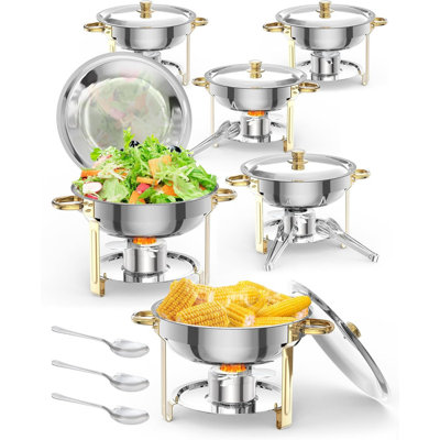 6 Pack 5QT Round Chafing Dishes Buffet Set, Stainless Steel Food Warmers with Spoon & Tweezers