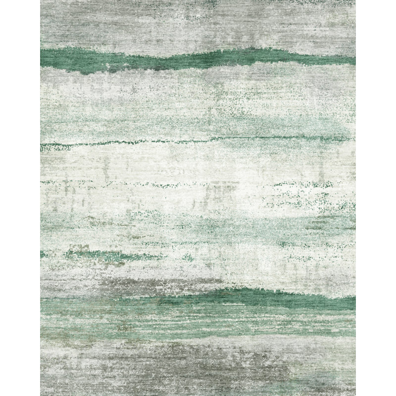Modern Abstract Machine Washable Gray/White/Green Area Rug, Rectangle 5' x 7'