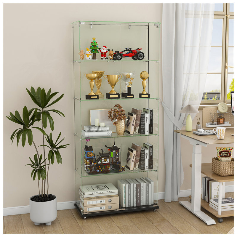 Vitrine à 4 niveaux en verre avec 5 modes DEL dynamiques, portes doubles et tablettes fixes pour un accès facile, vitrine au sol pour le bureau à domicile ou la présentation de magasin
