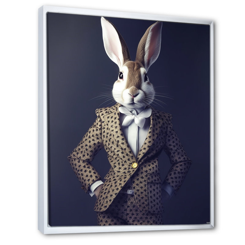 Impression sur toile de lapin blanc en costume de fantaisie, 44" H x 34" W, Cadre flottant blanc