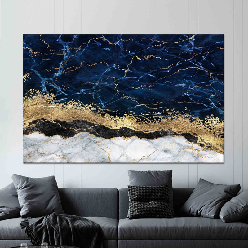 Impression sur toile bleu marine et marbre doré | Art mural moderne, 1P encadré doré, 59,1 po H x 82,7 po l