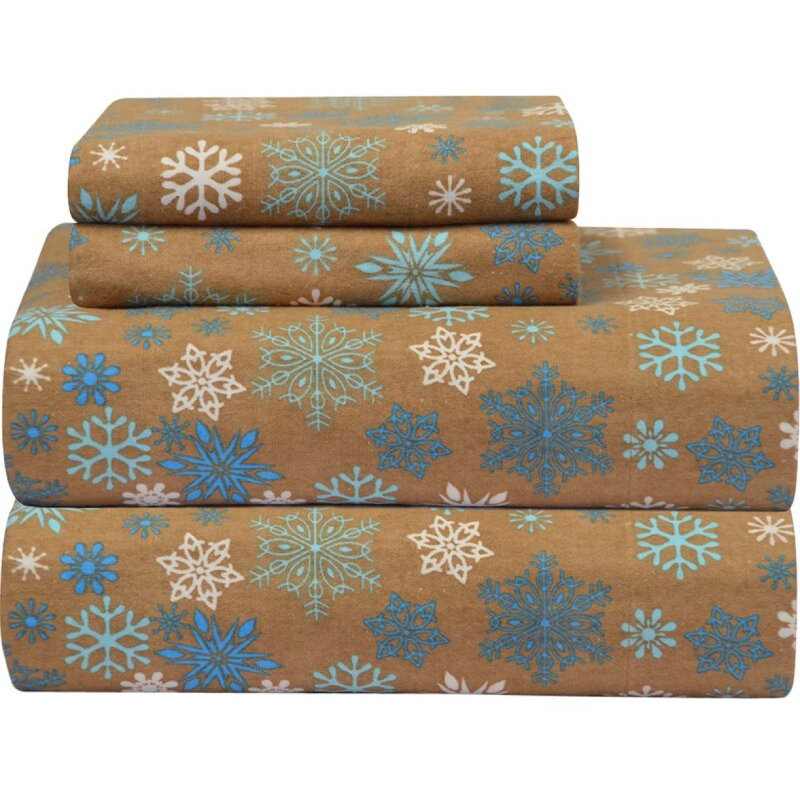 Queen Blue and Tan Cotton Flannel Sheet Set