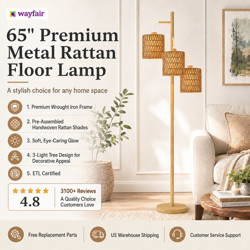 Brenden 65" H 3-Light Tree Floor Lamp with Woven Rattan Shades, Rattan, Natural Wood Grain