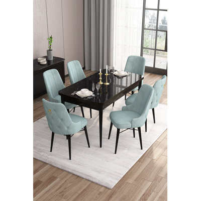 Ensemble de table et chaises de salle à manger extensible (7 pièces), marbre noir et vert mer, 51,9 po x 30,7 po x 31,5 po | 100% panneau de fibres à densité moyenne avec structure en contreplaqué, pieds en bois | Design moderne, dossier en mousse confortable 22 po et siège en mousse 28 po