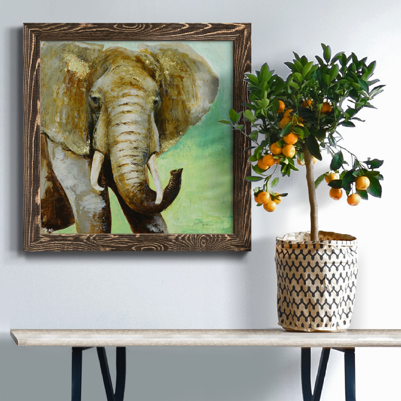 Painterly Elephant - Peinture sur toile encadrée, Encadré de bois de noyer, H 17 po x l 17 po x P 1 po