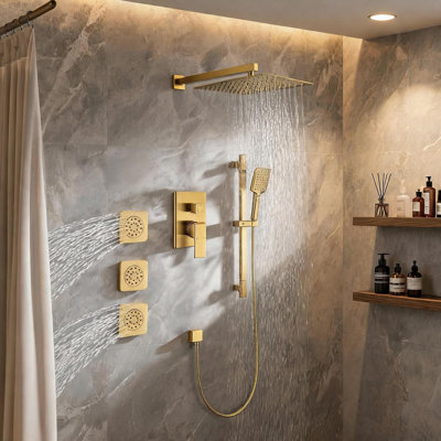 Système de douche mural complet en laiton brossé doré avec pomme de douche à main et barre coulissante