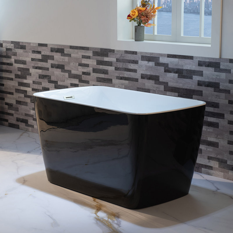 48'' Freestanding Air Soaking Acrylic Rectangular Black Bathtub with Integrated Seat,Non-Slip Design, Brushed Nickel
