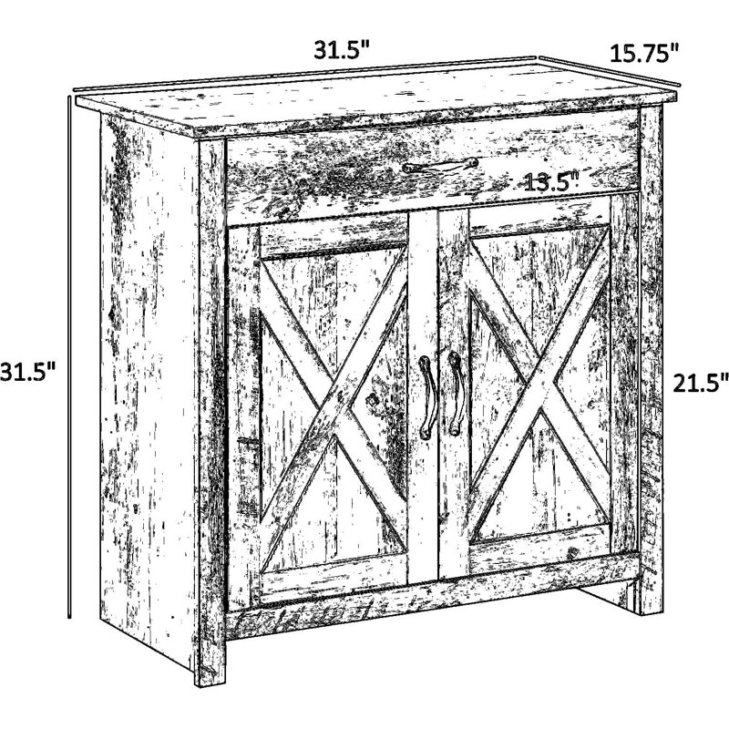 Buffet Farmhouse avec portes de grange, tiroir de rangement et tablettes réglables pour le salon, la salle à manger et le vestibule