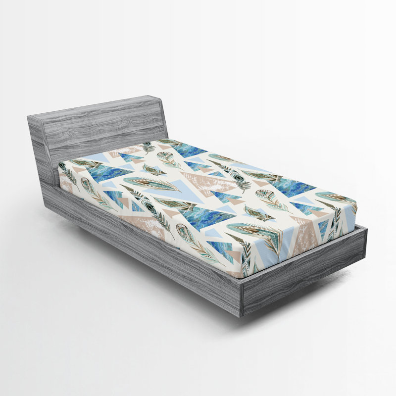 Drap-housse rétro Ambesonne, triangles et plumes, art bleu moutarde pâle, Drap-housse simple TG