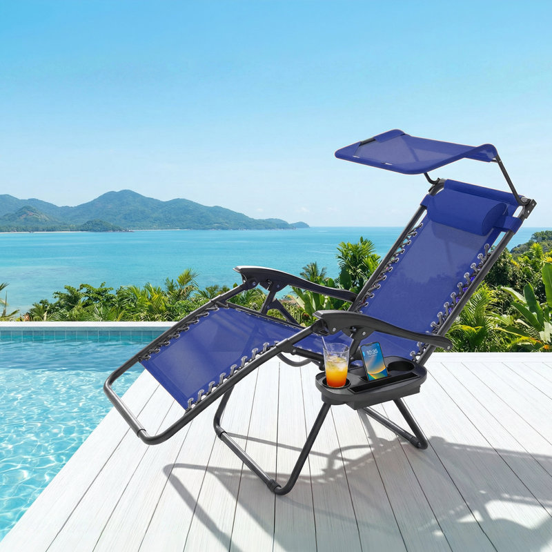 Chaise longue d'extérieur inclinable pliante Zero Gravity avec parasol réglable et plateau porte-gobelet, Marine