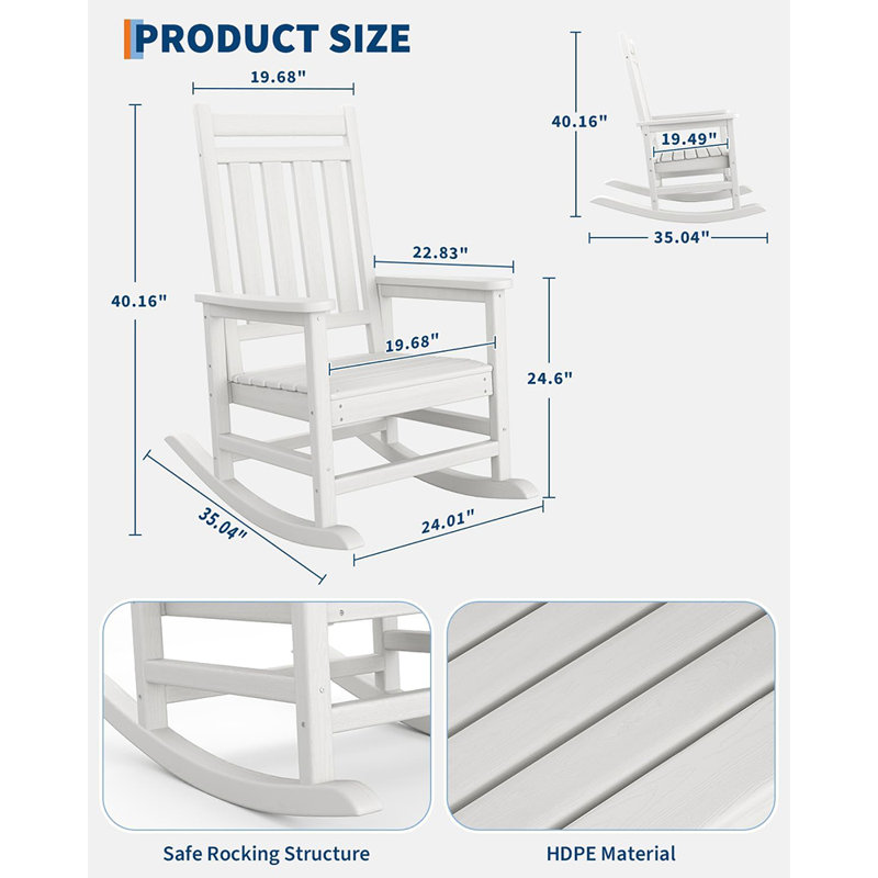 Set of 2 Outdoor HDPE Adirondack Rocking Chairs, High-Back Poly Lumber Porch Rockers for Adults, All-Weather Patio and Front Porch Furniture
