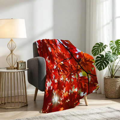Jeté en flanelle dorée ultra douce, ornement d'automne rouge
