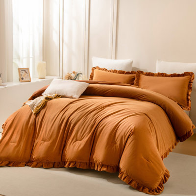 Velvet Comforter Set Queen Size 3 Pieces Soft and Luxury Caramel Ruffled Comforter Set Aesthetic Winter Warm Bedding Set with Brushed Microfiber Reverse with 1 Comforter 2 Pillow Shams