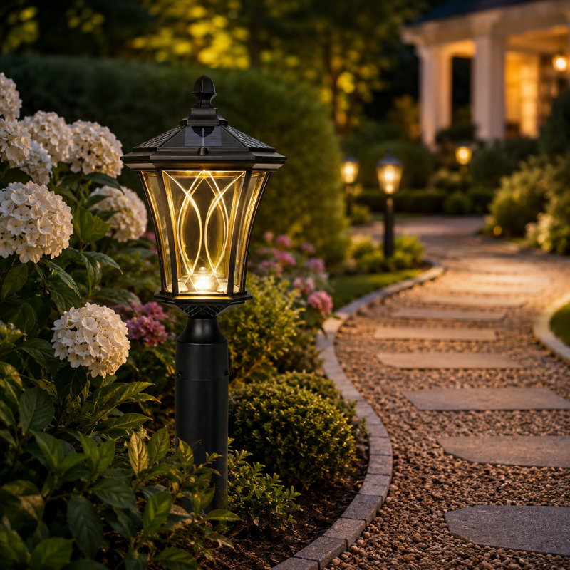 Lampadaire solaire d'extérieur avec base à fixation sur pilier, imperméable avec verre à motif Dusk to Dawn
