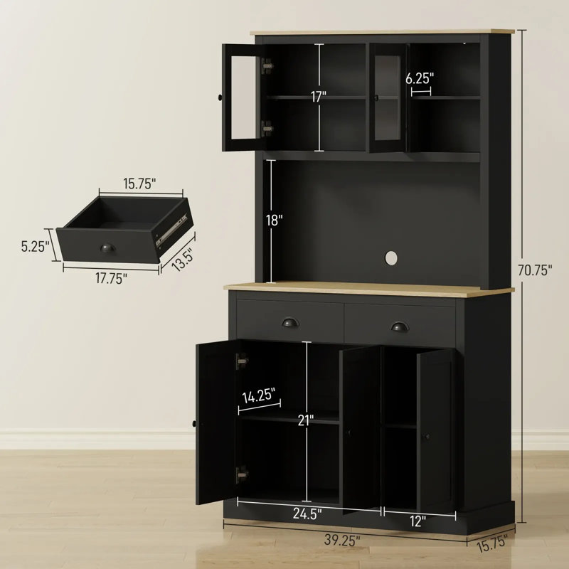 Armoire de cuisine autoportante, cadre décoratif en bois, Noir