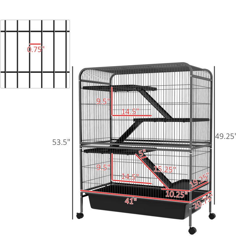Cage 53,5 po à 5 niveaux pour petits animaux en métal avec roues - gris pour furet et chinchilla