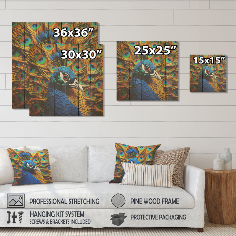 Blue Majestic Peacock Splendor II - paon sur bois, H 15 po x l 15 po