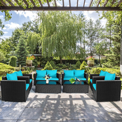 8pcs Rattan Patio Conversation Set Outdoor Furniture Set W/ Turquoise Cushions by Latitude Run