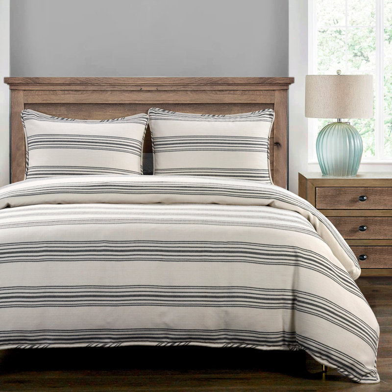 Prescott Ticking Stripe Pattern Woven Classic Chic Casual Farmhouse Coastal 3 Piece Duvet Cover Set, Black