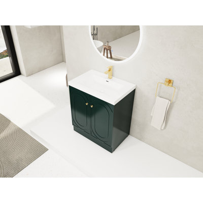 Meuble-lavabo de salle de bain autoportant avec lavabo en résine blanche et portes d'armoire à fermeture douce