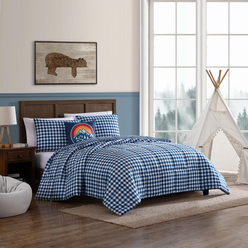 Eddie Bauer Kids Preston Check Reversible Comforter Bonus Set, Blue Plaid, Twin Comforter + 1 Standard Sham + 1 Pillow