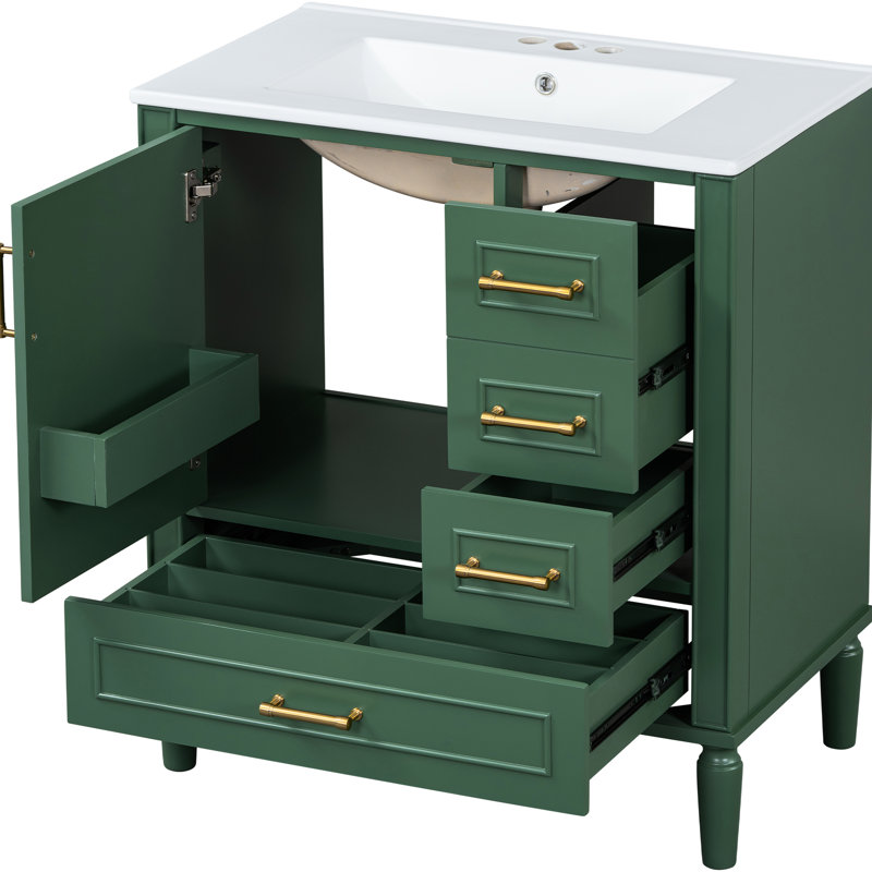 Meuble-lavabo de 30 po avec tiroirs à fermeture en douceur, lavabo en céramique, poignées dorées, convient aux petites salles de bain de 30 po, trois portes, idéal pour les espaces de bain