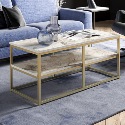 Modern Glam Coffee Table with Metal Legs, Gold & White, 43.5 x 18.5 x 20.5 inches | 100% Melamine Coated Particle Board, Thickness: 0.7 inches | Stylish Marble Design, Perfect for Living Room & Entertaining Spaces