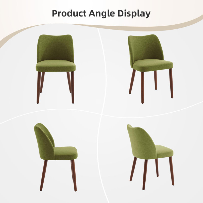 Upholstered Dining Chairs Set of 2, Modern Linen Kitchen Chairs with Cushioned Seat and Wood Legs, Green