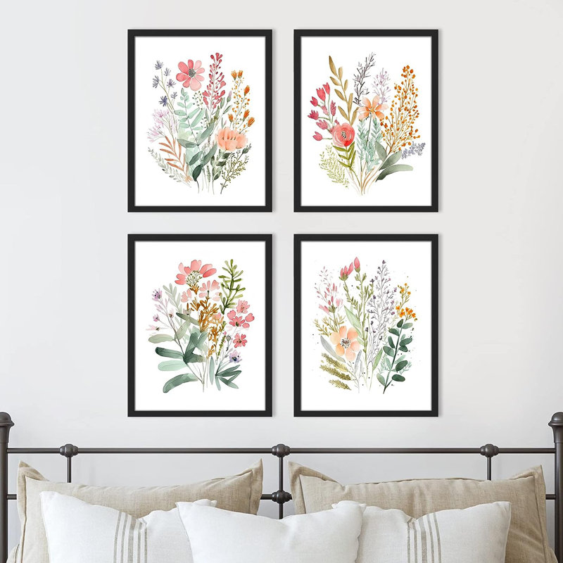 Vibrant Wildflower " IDEA4WALL Framed Colorful Wildflower Forest Bouquet Wall Art, Set Of 4 Nature Wilderness Wall Decor Prints, Botanical Floral Wall Decor For Living Room, Bedroom " 4 - Pieces