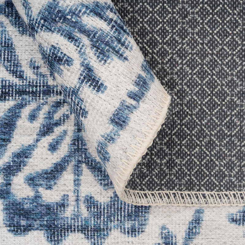 Machine Washable Beige Blue Traditional Damask Style Distressed Living Room Area Rug, Rectangle 200 x 290cm