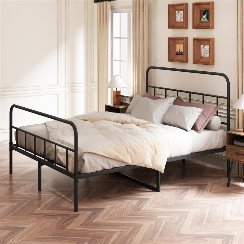 Structure de lit plateforme en métal noir de taille grand lit, rangement sous le lit avec tête et pied de lit, support à lattes entièrement en métal, aucun sommier requis
