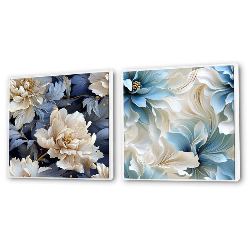 Maeva - Ensemble de 2 collages floraux carrés, H 16 po x l 33 po, Cadre flottant blanc