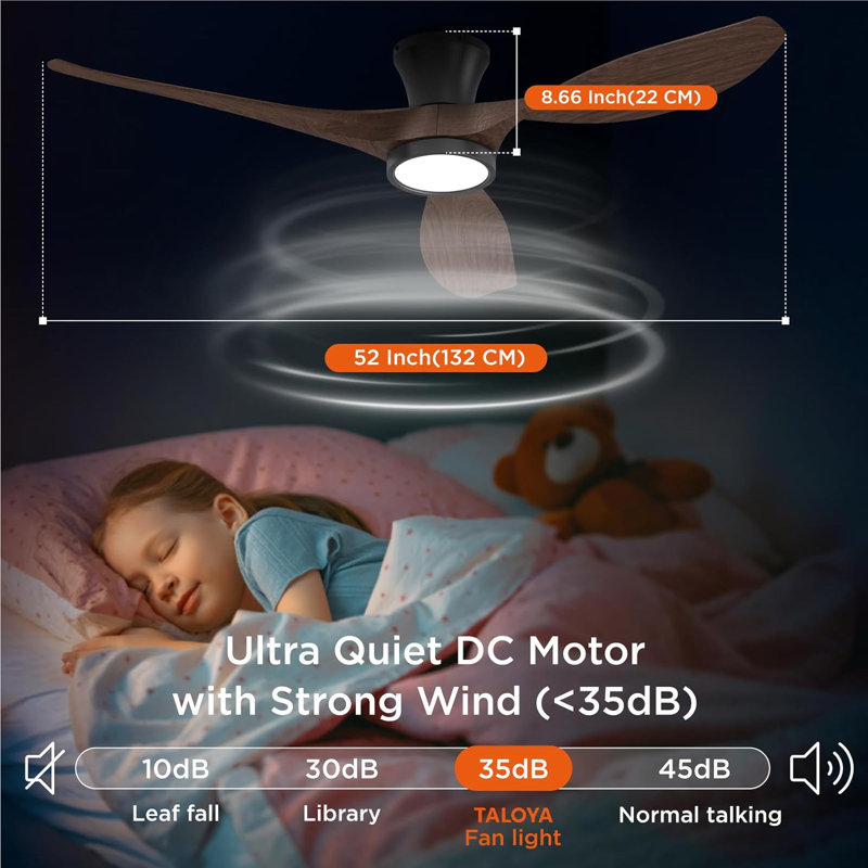 Jacara 52" Flush Mount Ceiling Fan with LED Light & Remote Black with Walnut, Black with Walnut Blades