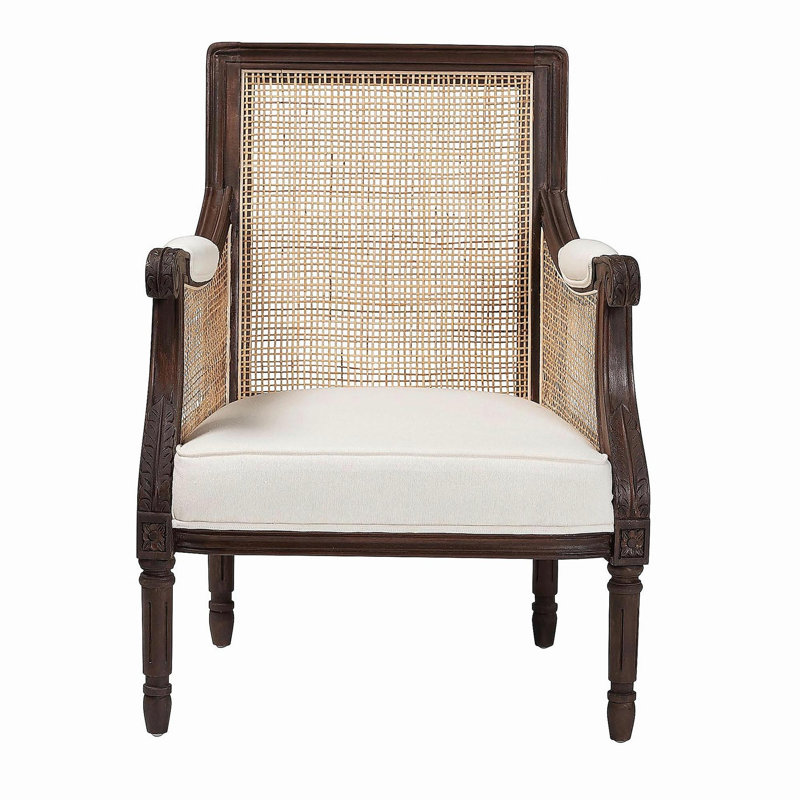 Fauteuil d'appoint traditionnel en tissu beige français et bois brun foncé