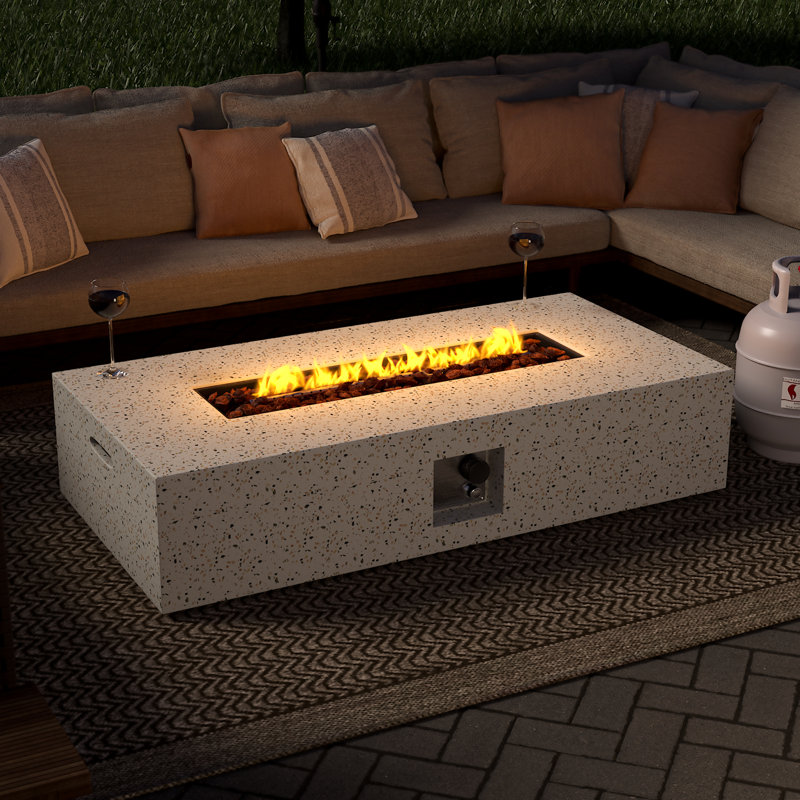 56" Rectangle Concrete Propane Fire Pit Table With Propane Tank Cover, White