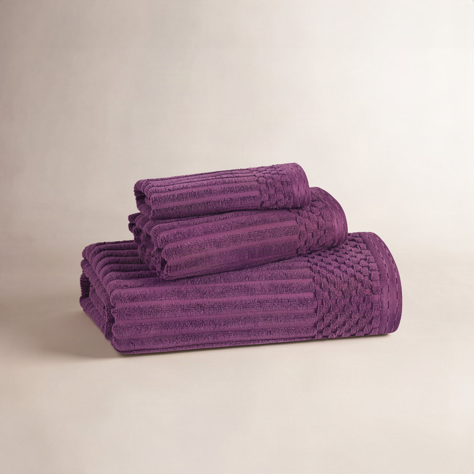 8-Piece Checkered Border Cotton Towel Set, Purple, 3 Piece Towel set (1-bath, 1-hand, 1-face)