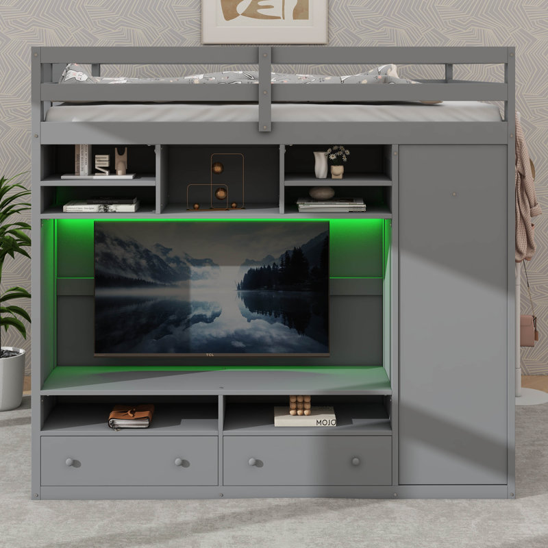 Lit mezzanine double spacieux avec tiroirs, tablettes, rangement dissimulé et éclairage intégré, gris