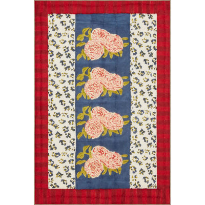 Pastel Bouquet Floral Red Patterned Woven Base Machine Washable Rug