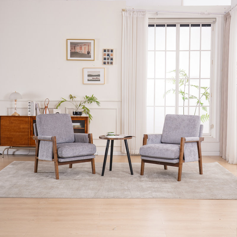 Quinze Mid Century Modern Upholstered Chenille Solid Wood Accent Armchair, Gray