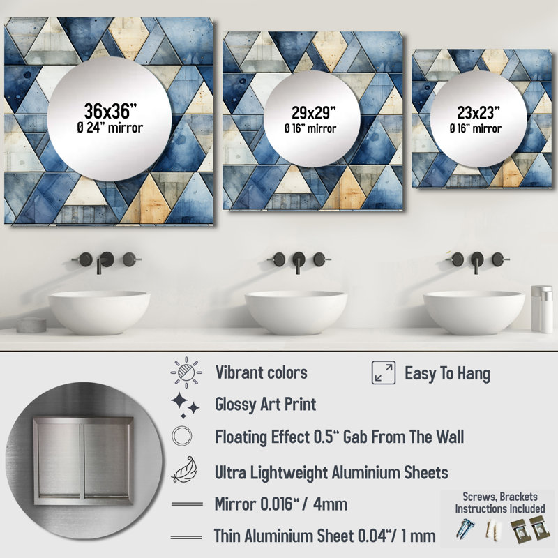 Rustic Cobalt Triangle Symphony IV - Miroir carré moderne pour décoration murale, 29 po x 29 po
