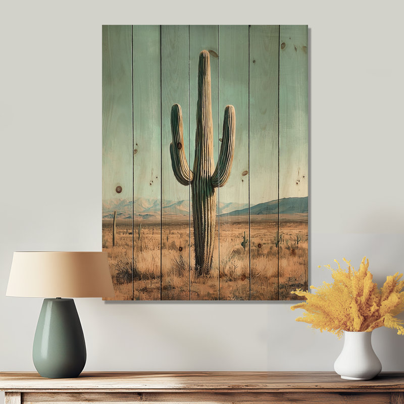 Saguaro Cactus And The Desert Sky III - Floral Cactus Wood Print - On Natural Pine Wood, 20" H x 10" W x 0.78" D