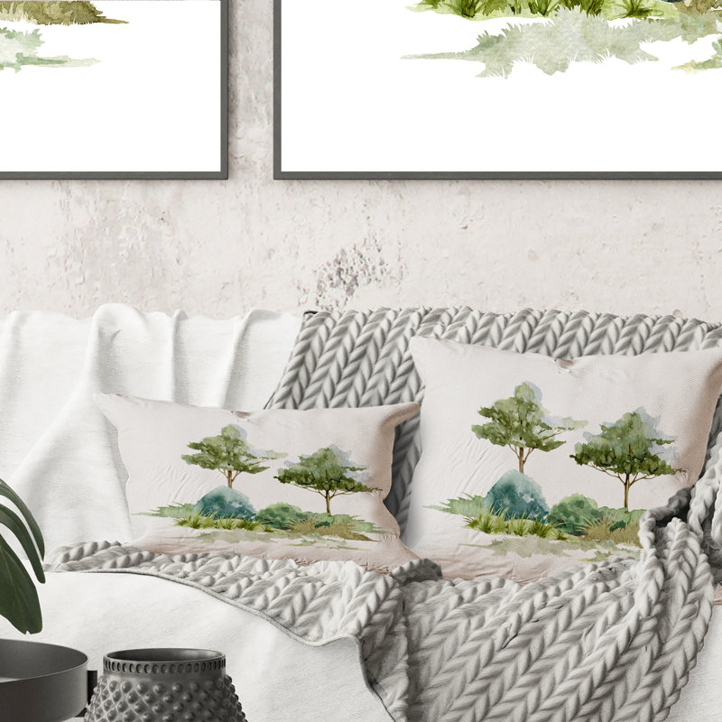 Coussin décoratif imprimé traditionnel deux arbres avec buisson et prairie