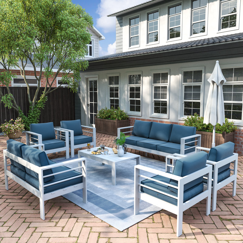 Roussel 9 - Person Complete Patio Set with Cushions, Blue/White
