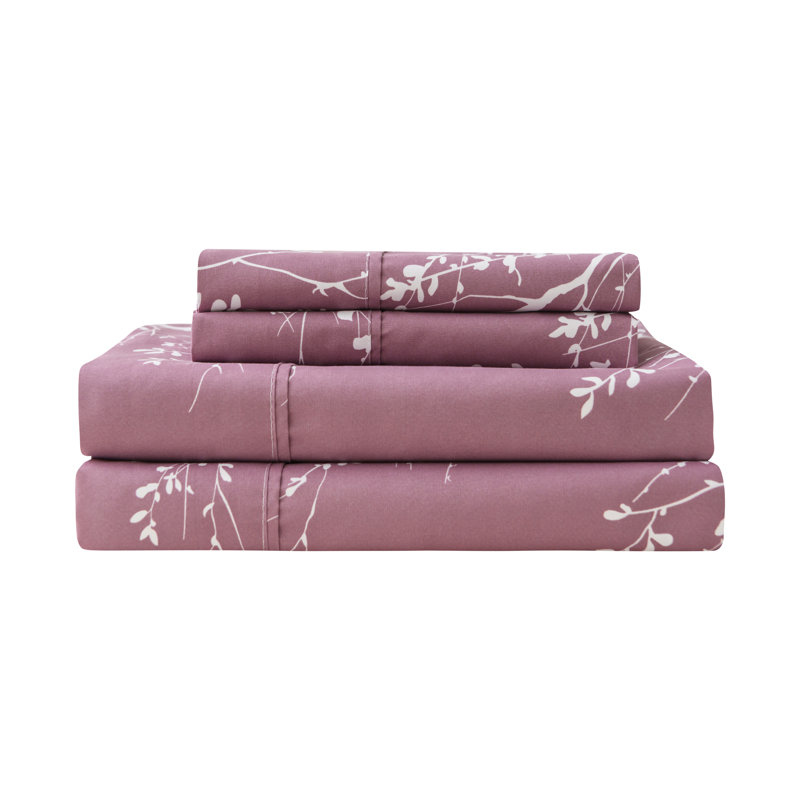 Microfiber Floral Sheet Set, King Sheet Set + 1 Fitted Sheet + 2 Pillowcases, Lilac