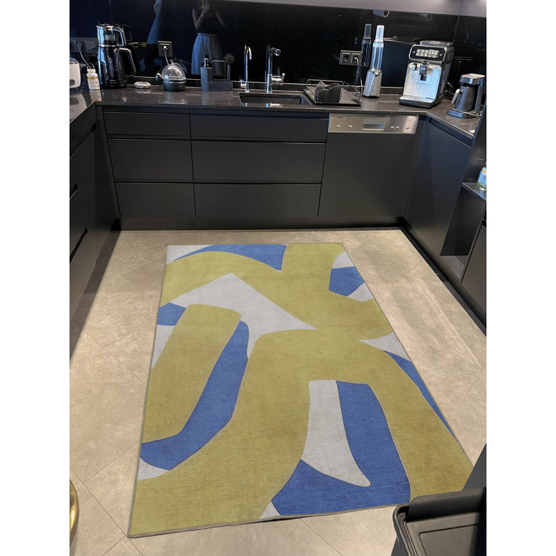 Tapis décoratif moderne bleu et jaune, Tapis de couloir 3 pi 9,81 po x 6 pi 6,74 po