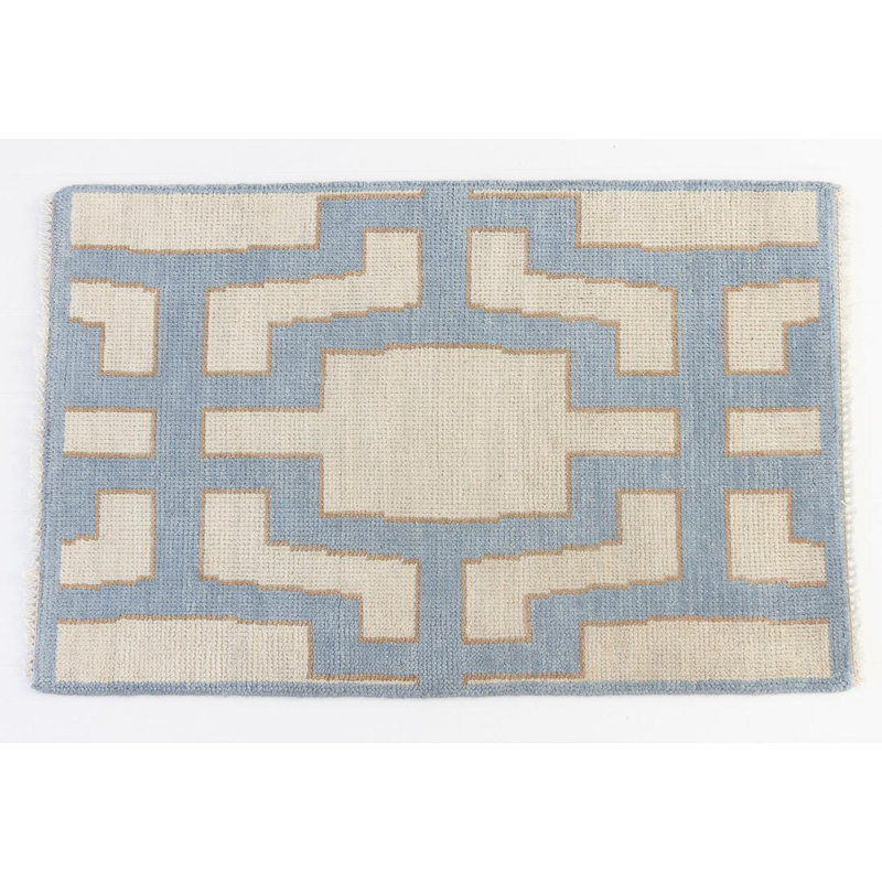 Della Hand Knotted Wool Geometric Area Rug, Blue, Rectangle 2' x 3'