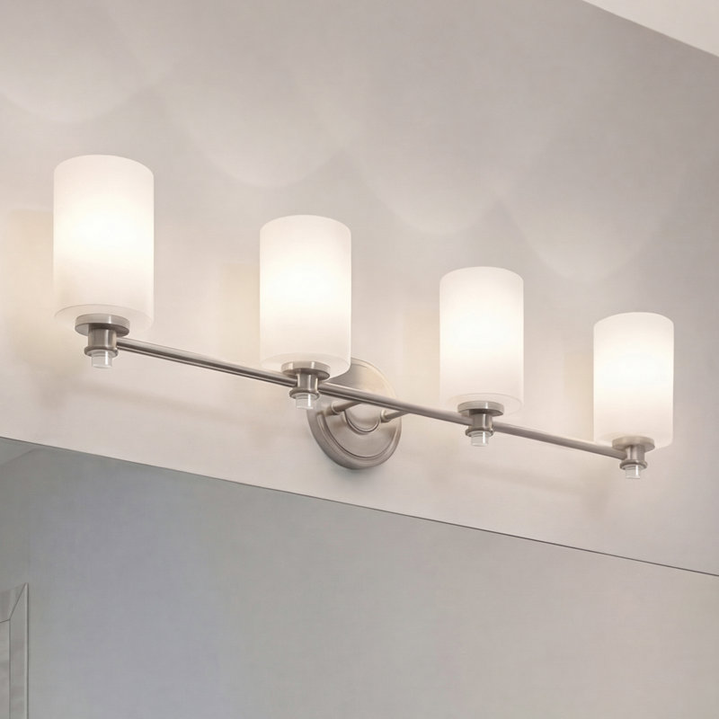 Clara 4-Light Brushed Nickel Vanity Light Satin Etched Glass Shades, Brushed Nickel