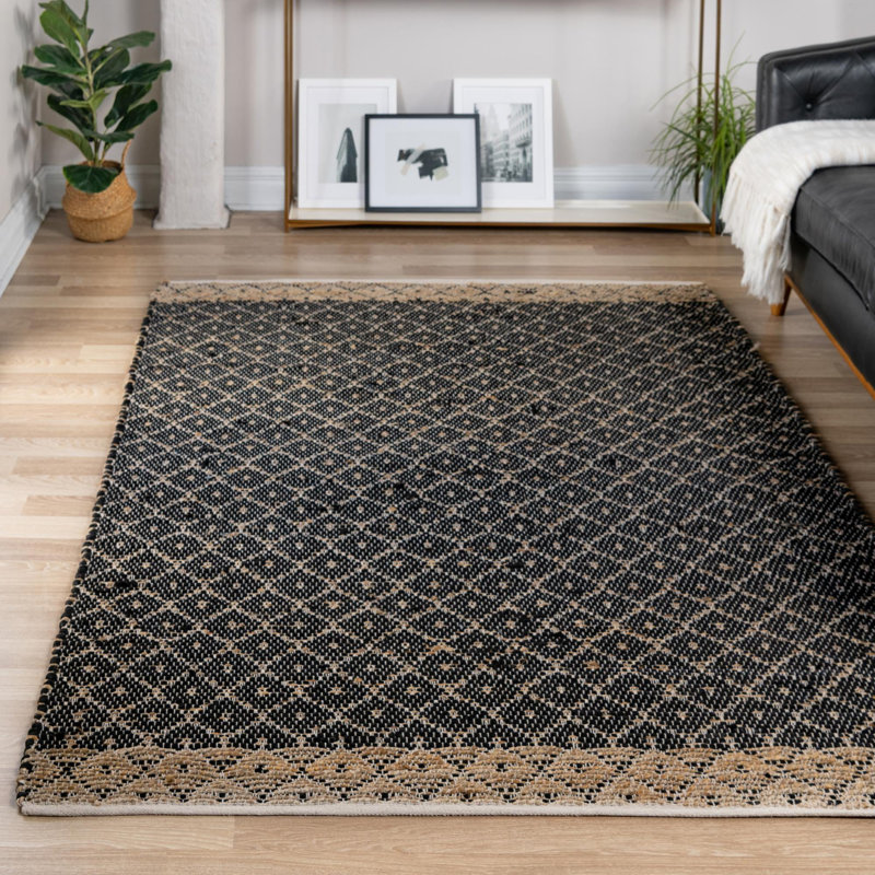 Tapis noir en jute / sisal tissé à plat à la main Asad, Rectangle 2 pi x 3 pi 1 po